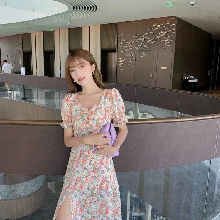 Đầm Voan Hoa Cổ Chữ V Ôm Eo Phong Cách Pháp Thời Trang Mùa Hè Hàng Mới Dành Cho Bạn Nữ