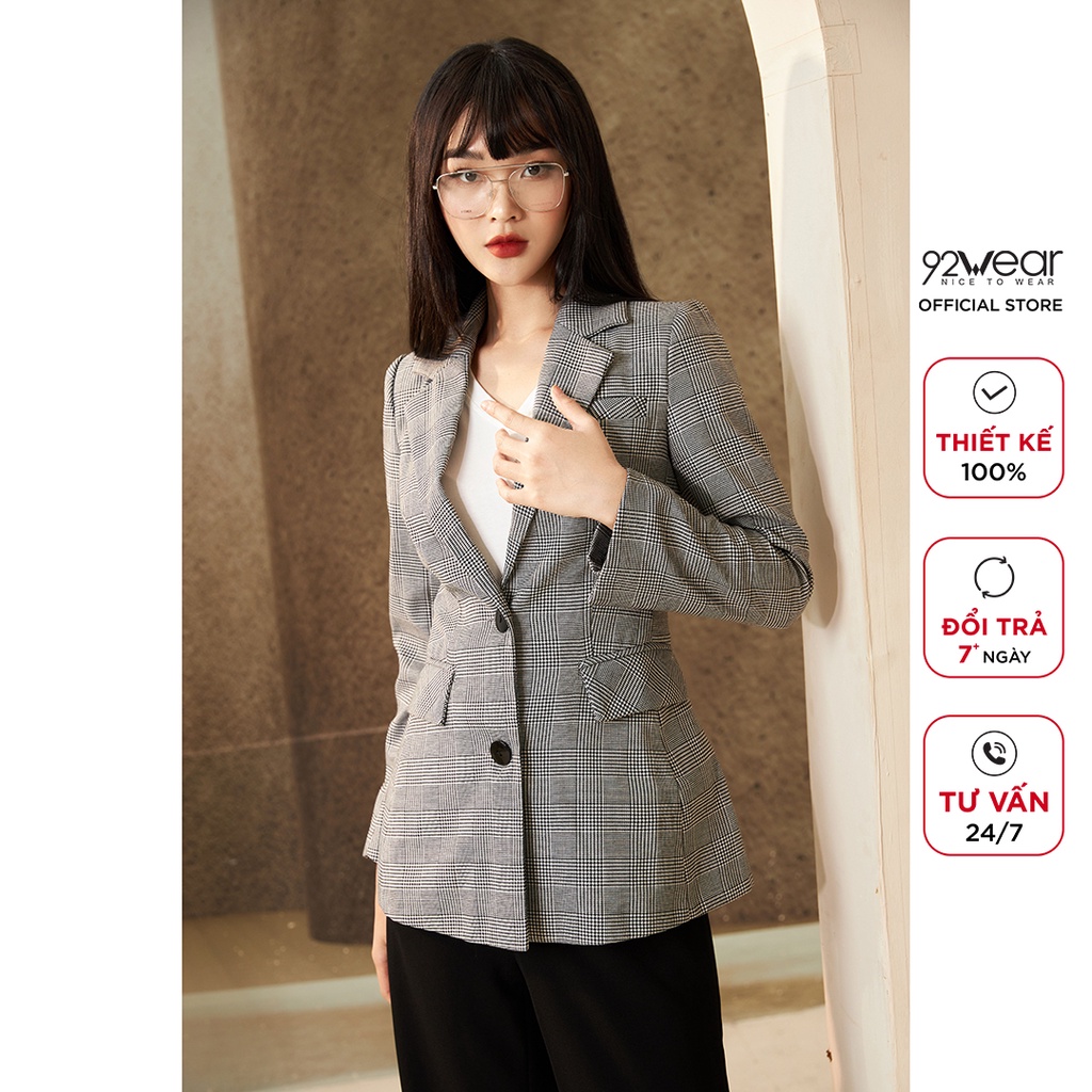 Áo vest nữ kẻ dài tay túi ốp 92WEAR, thiết kế hàn quốc cổ bẻ thanh lịch, trẻ trung VDA1799 | BigBuy360 - bigbuy360.vn