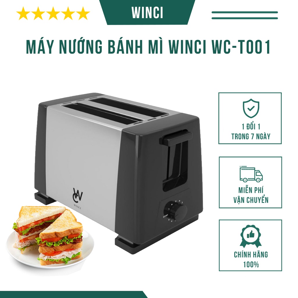 Máy nướng bánh mì Winci WC-T001 chính hãng công suất 700W với 2 ngăn nướng, 7 mức độ điều chỉnh - Bảo hành 12 tháng