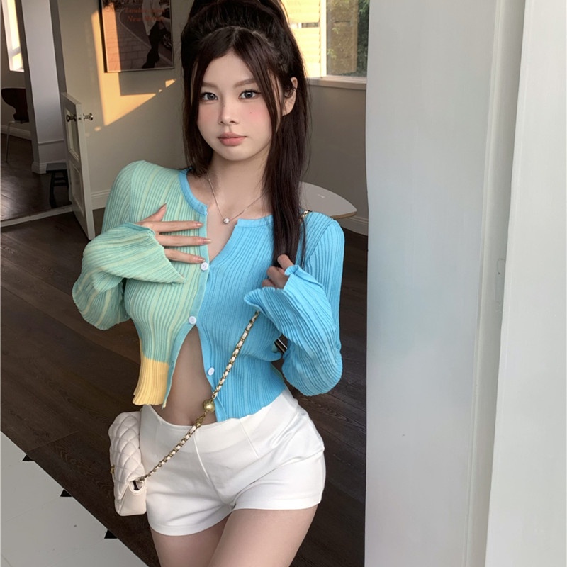 Áo Cardigan Dệt Kim Tay Dài Màu Sắc Tương Phản Ngọt Ngào