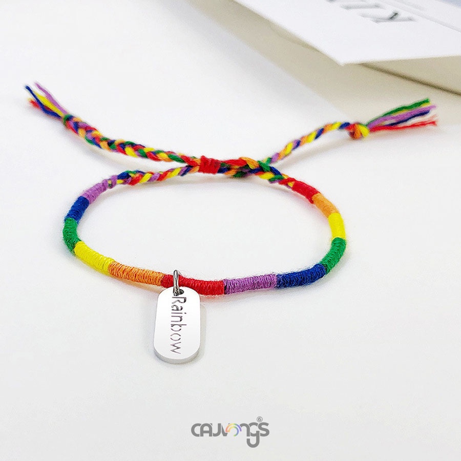 Vòng tay cầu vồng mặt thép titan không rỉ họa tiết chữ ranbow