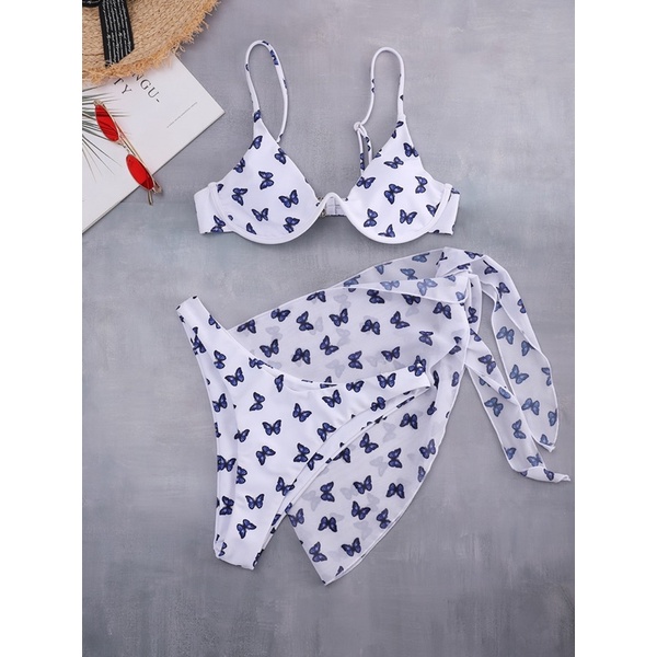 [BKN1166] &lt;ÂU&gt; SET BIKINI 3 MÓN TRẮNG HỒ ĐIỆP KÈM KHĂN HÔNG (CÓ GỌNG)