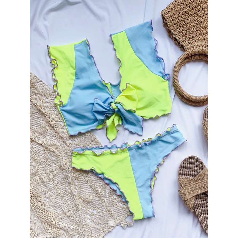 [BKN997] &lt;ÂU&gt; SET BIKINI XANH NEON MIX XANH BLUE NƠ NGỰC