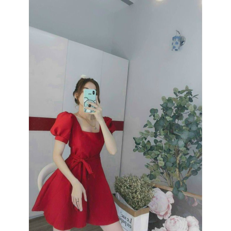 [Hàng đẹp]Jump cổ vuông tay phồng có mút kèm dây thắt eo siêu xinh có mút ngực-hình thật.
