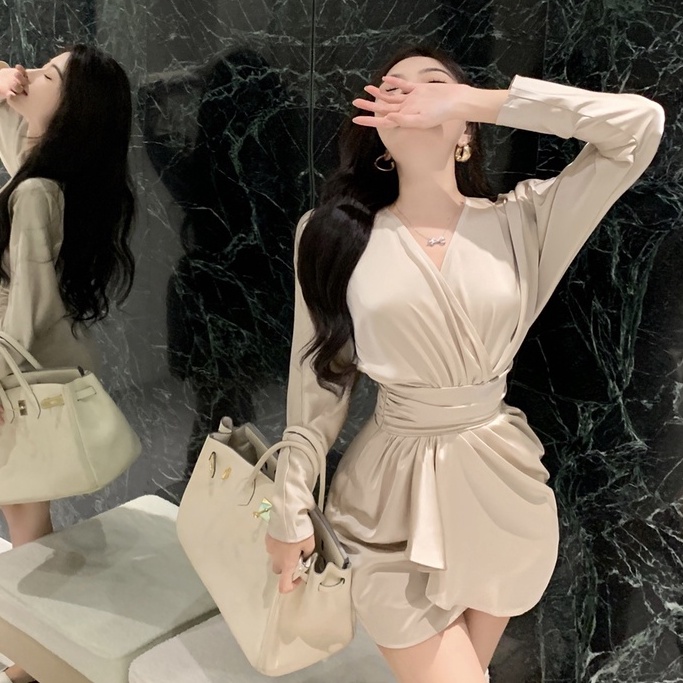 Đầm Nữ Tay Dài Cổ Chữ v Thời Trang Quyến Rũ