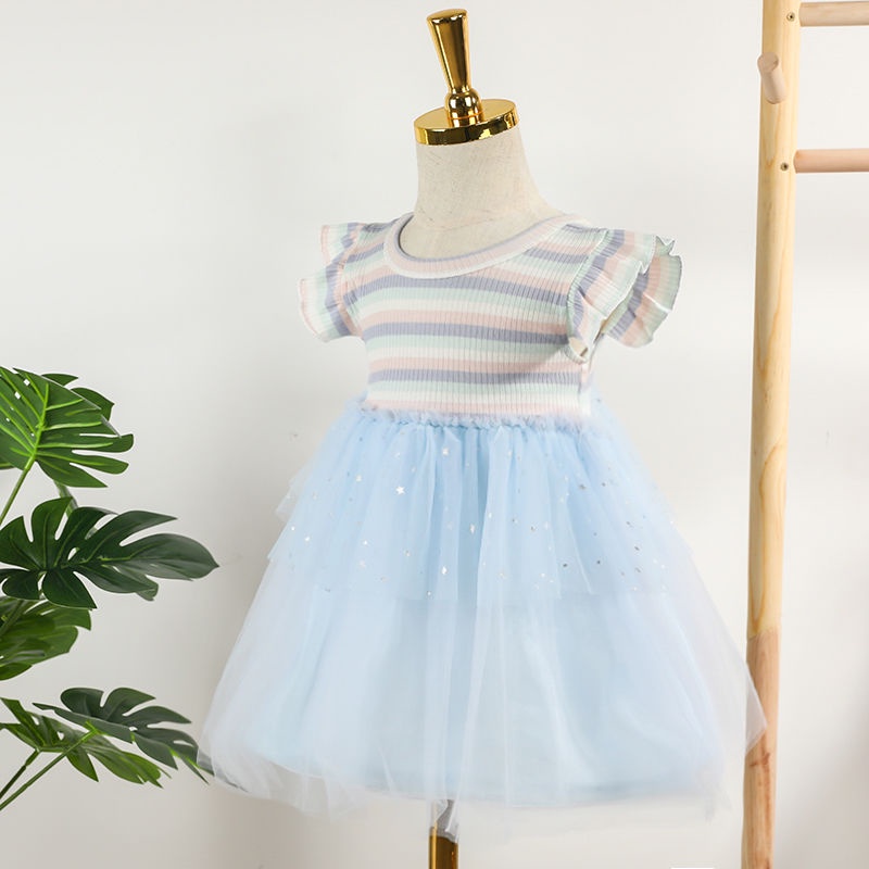Đầm Công Chúa Kẻ Sọc Phối Ren Lưới Mùa Hè Hàn Quốc Mới Cho Bé Gái