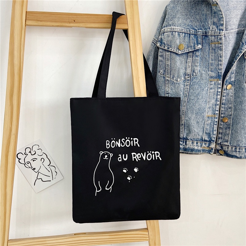 Túi Tote Vải Đen Canvas Đeo Vai Ullzang Hàn Quốc Họa Tiết Dễ Thương JeliShop