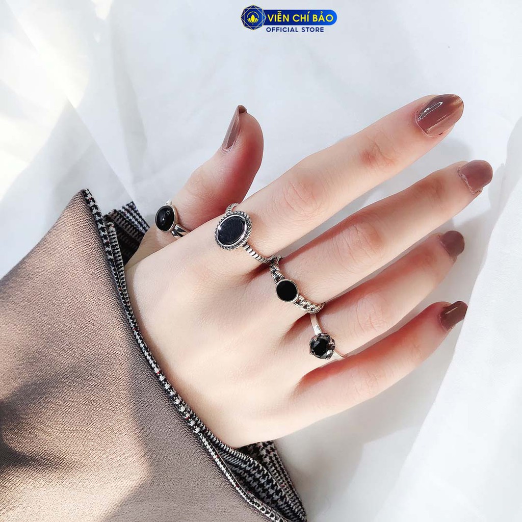 Nhẫn bạc nữ đính đá đen thái s925 thời trang phụ kiện trang sức nữ thương hiệu Viễn Chí Bảo N000247