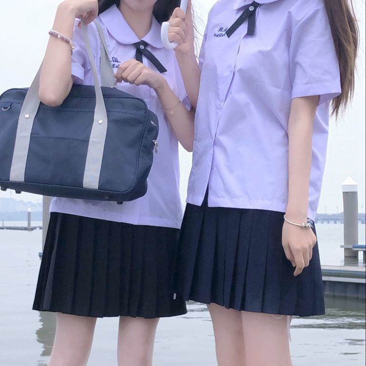 Thailand School Uniform round NeckjkUniform Student Light Purple Short-Sleeved Shirt First Love Xiaoshui Same Style Shirt College Style Female【5Month12Day After】