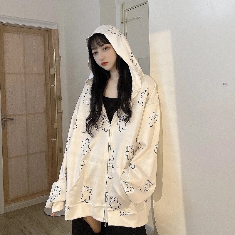Áo Khoác, Áo Hoodie Nữ Gấu Trắng Form Rộng Chất Nỉ Khoá kéo kèm mũ | BigBuy360 - bigbuy360.vn