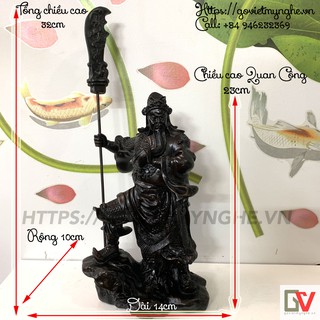 Tượng đá quan công phong thuỷ - Quan công chống đao - Chiều cao 23cm - không tính đao - Màu nâu đen
