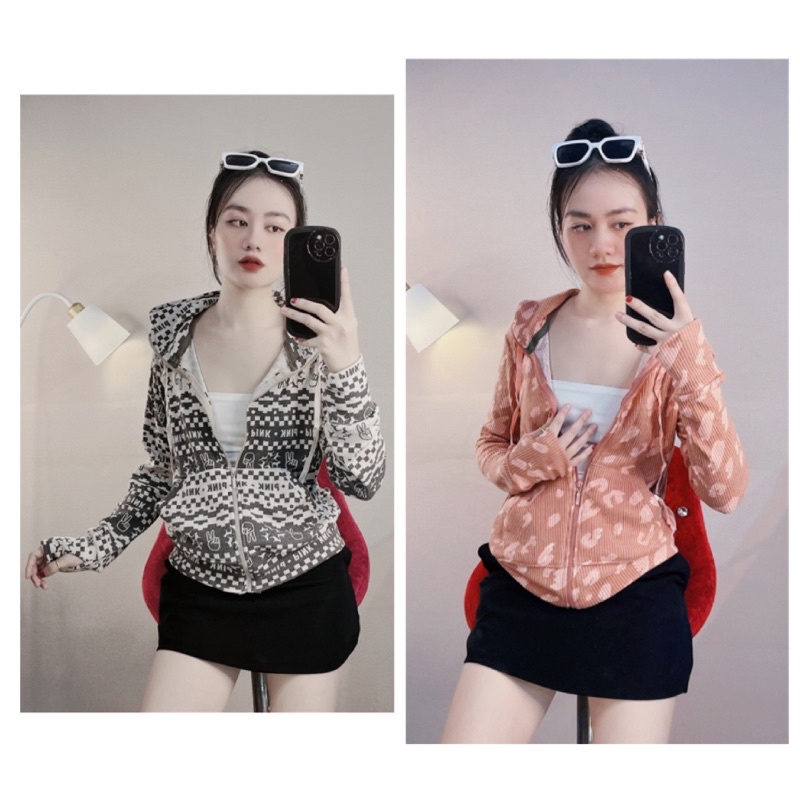 Áo khoác thun len gân nữ họa tiết xỏ ngón chống nắng có túi trong