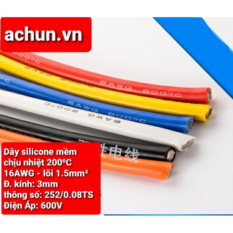 Achun.vn - DÂY ĐIỆN SILICON MỀM 8/10/.../16 AWG - 01 mét - CHỊU NHIỆT 200C ĐIỆN ÁP 600V - MÀU NGẪU NHIÊN
