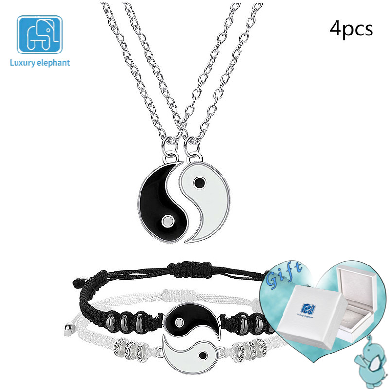 💎🌈（Luxury Silver）4Pcs Couple Necklace Bracelet Yin Yang Adjustable Pendant Bangle Jewelry for Girlfriend Valentine‘s Day Gifts