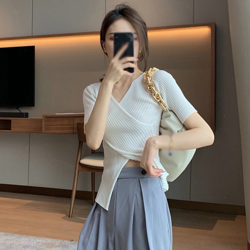 Áo Thun Dệt Kim Tay Ngắn Cổ Chữ V Màu Sắc Trơn Thời Trang Cho Nữ