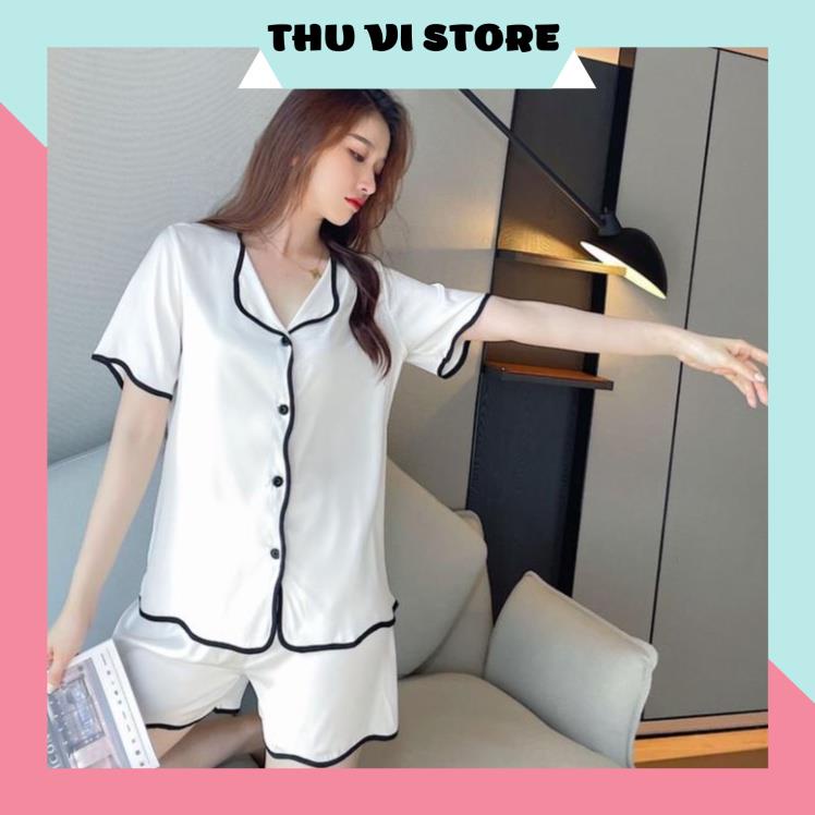 Đồ Bộ Nữ, Bộ Pijama Lụa Áo Nữ Cổ Lật Quần Cọc Viền Gợn Sóng Chất Lụa Satin 3 Màu Hồng, Đen, Trắng Form Dáng Rộng Dưới 60 | BigBuy360 - bigbuy360.vn
