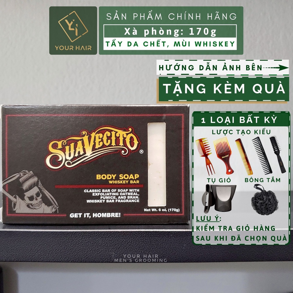 Xà phòng tẩy da chết và dưỡng ẩm cho nam Suavecito Body Soap mùi Whiskey Bar 170g