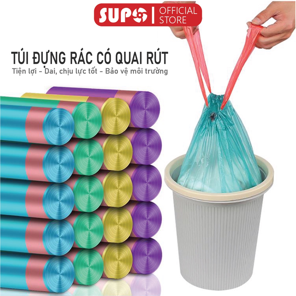 Túi đựng rác có quai rút tiện lợi SUPO MART kích thước 45x50 cm túi đựng rác tự phân hủy siêu dai 15 túi/cuộn