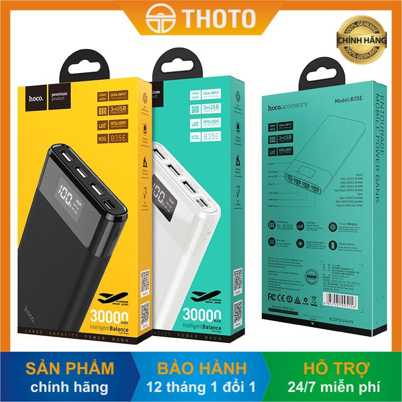 Pin sạc dự phòng di động chính hãng HOCO dung lượng cao 30000 mAh, đầu ra 3 cổng USB dòng 2A, màn hình LED - THOTO Store