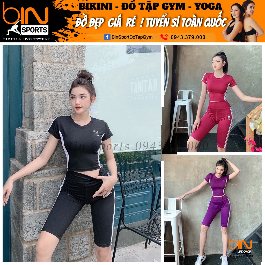 Set bộ đồ tập gym yoga nữ áo crop ngắn tay quần đùi ngố Bin Sports BL027