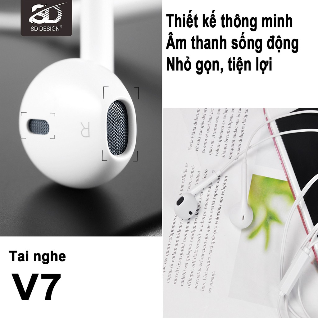 Tai Nghe dây Nhét Tai SD Design V7 tương thích các dòng điện thoại jack 3.5mm, có mic bảo hành Chính Hãng 1 đổi 1