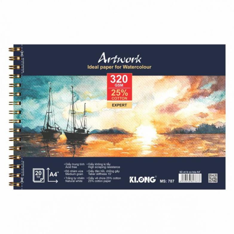 Sổ Vẽ Lò Xo Màu Nước Artwork A4+-25% cotton-20 tờ; Ms 787-Giấy Định Lượng Cao Tạo Độ Phẳng, Không Cong Vênh Khi  Vẽ