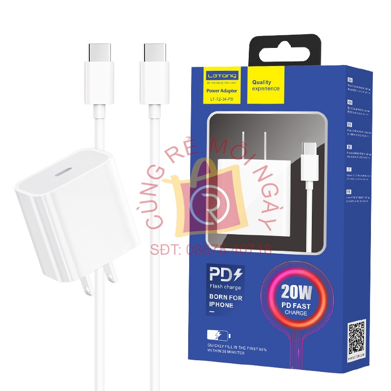 Bộ củ sạc và cáp sạc nhanh 20W iP, bộ cáp sạc truyền dữ liệu công suất cao
