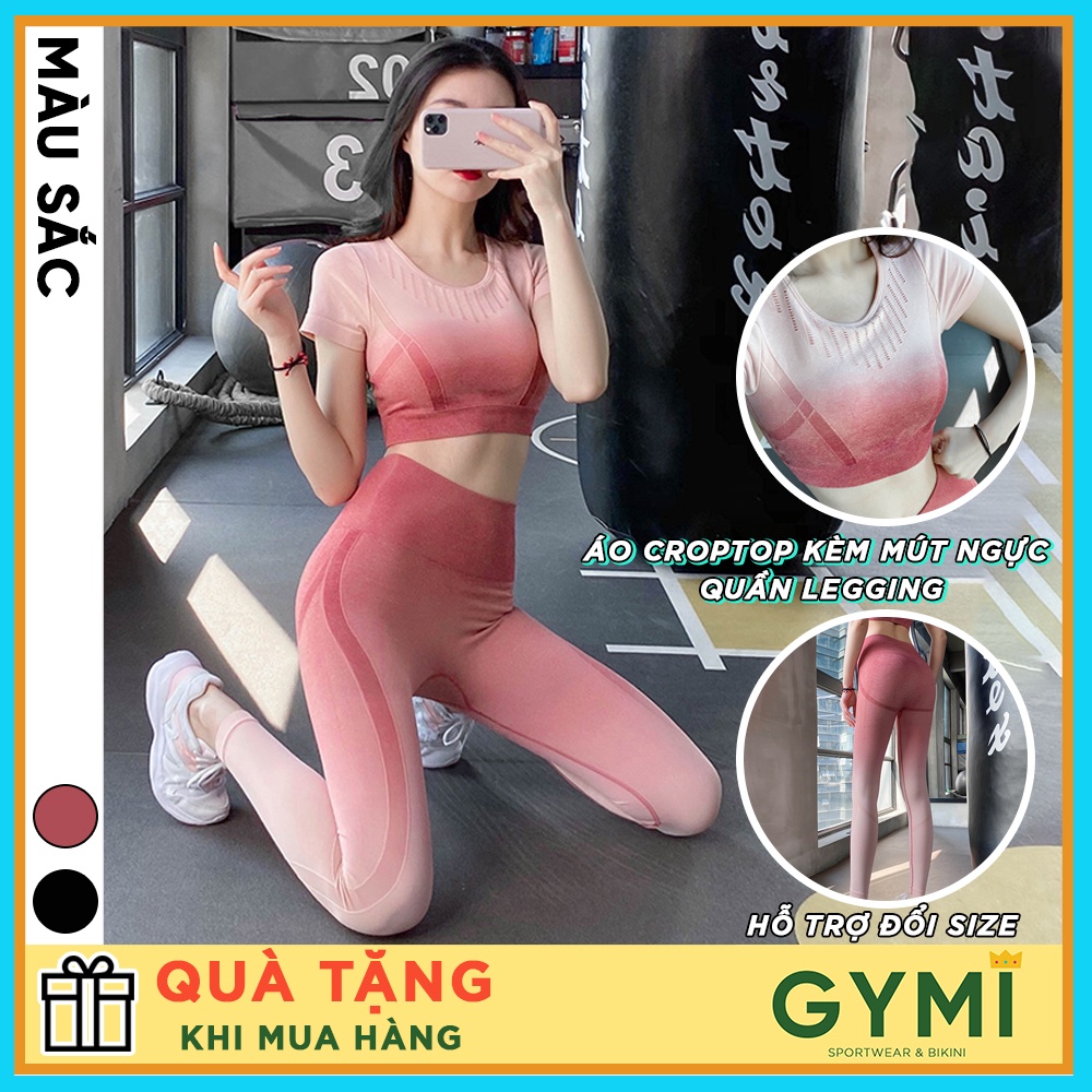 Set bộ đồ tập gym yoga nữ thể thao GYMI SET02 gồm áo croptop ngắn tay kèm mút ngực và quần legging dài chất dệt kim