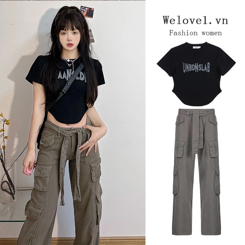 Set Áo Thun Lửng Ngắn Tay + Quần jeans Dài Lưng Cao Ống Rộng Thời Trang Cho Nữ