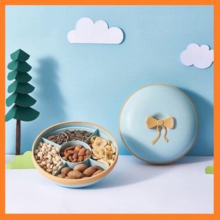 Khay mứt Tết có nơ - hộp nhựa tròn 5 ngăn đựng bánh mứt