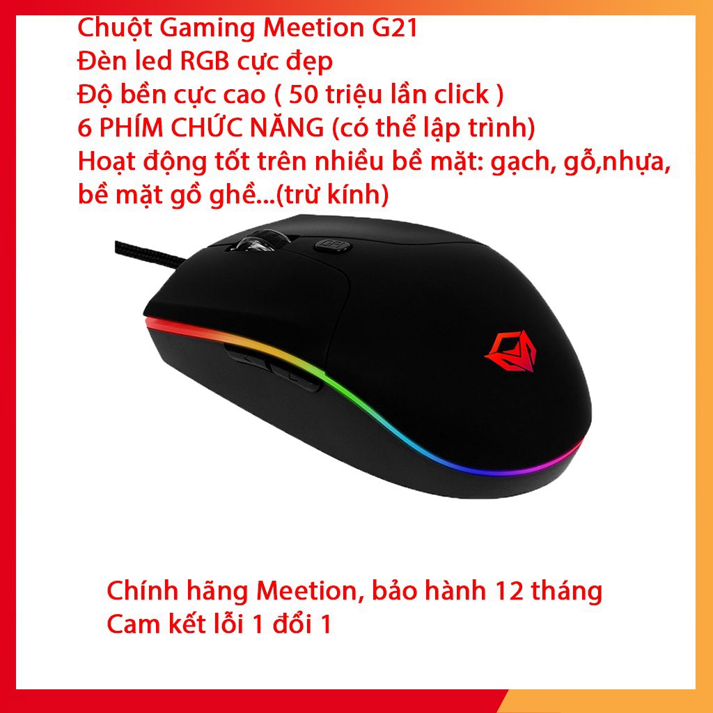 Chuột Gaming Meetion GM21 - Đèn led RGB cực sáng - Có led viền - Cam kết chính hãng - Bảo hành 12 tháng - Lỗi 1 đổi 1