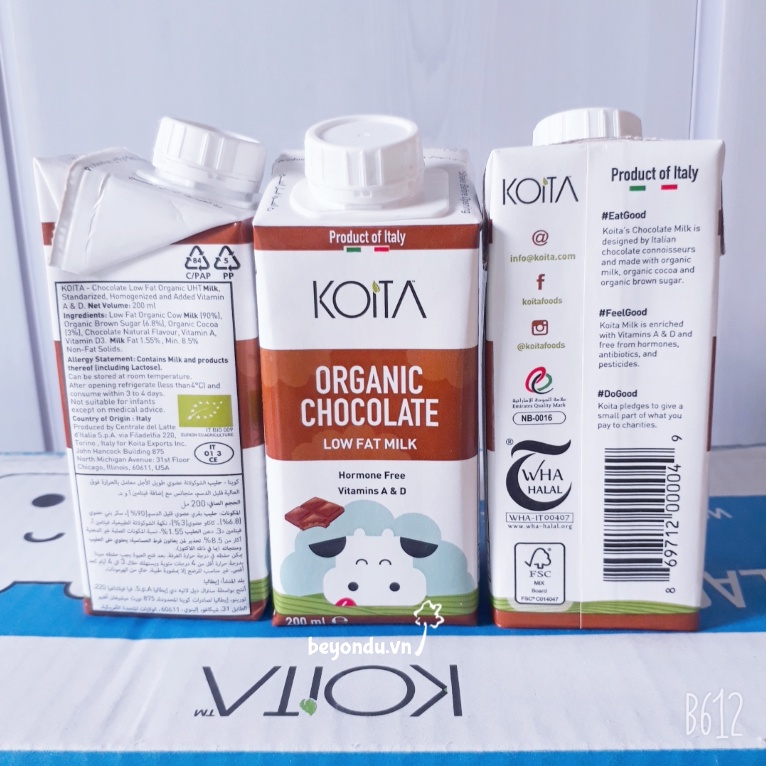 Sữa ít béo vị socola hữu cơ Koita 200ml - Organic Chocolate Low Fat Milk