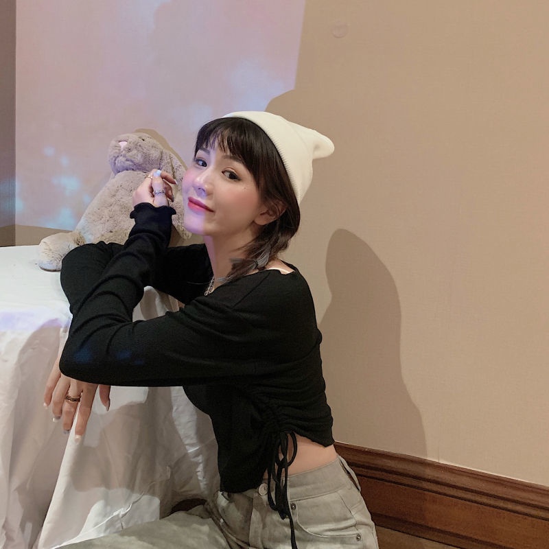 Áo Thun Dài Tay Cổ Chữ V Thiết Kế Dây Rút Phong Cách Phương Tây Mới Cho Nữ