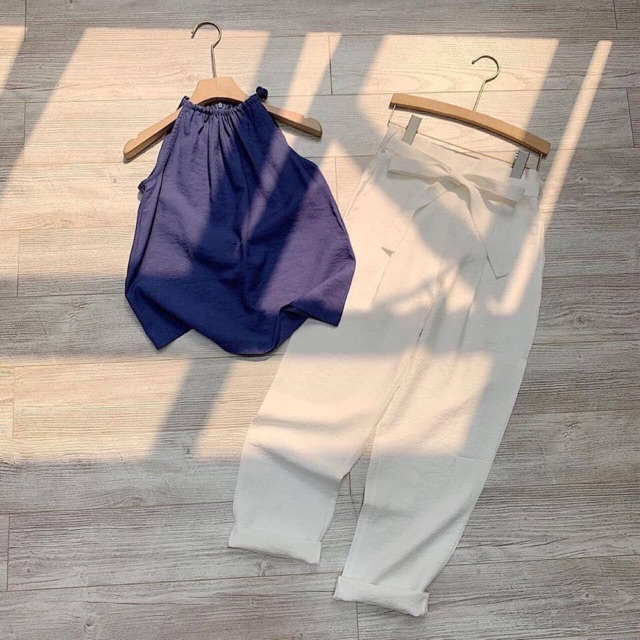 Set đũi nữ ( áo xanh tím than + quần baggy trắng )