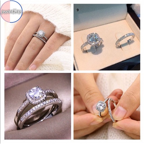 【sweet】2PCS woman fashion Retro Elegant Square Zircon Ring for party wedding Jewelry Set size 5-10