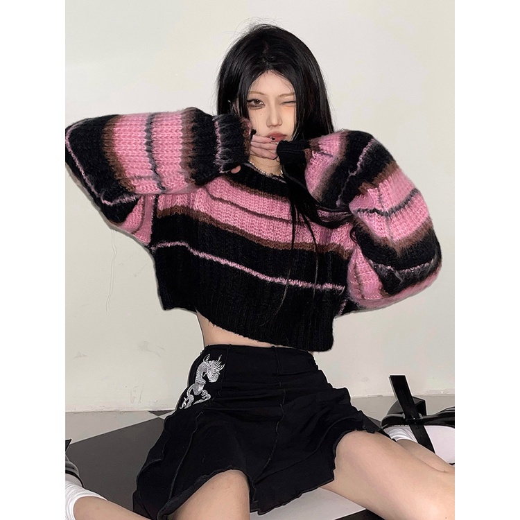 NUZIRO  Áo croptop  tay dài cổ tròn kẻ sọc đen trắng phong cách Hàn Quốc cho nữ