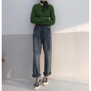 QA25_Quần Jean, quần bò nữ ống suông rộng cạp cao Hàn quốc