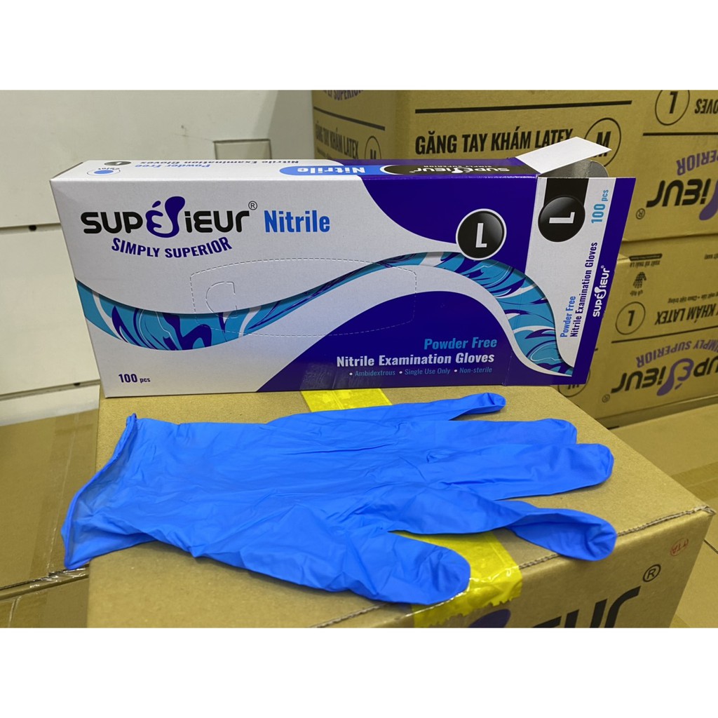 Hộp Găng Tay Cao Su Y Tế Superieur Nitrile Không Bột - Đủ Size S M L XL / Hộp 100 Chiếc