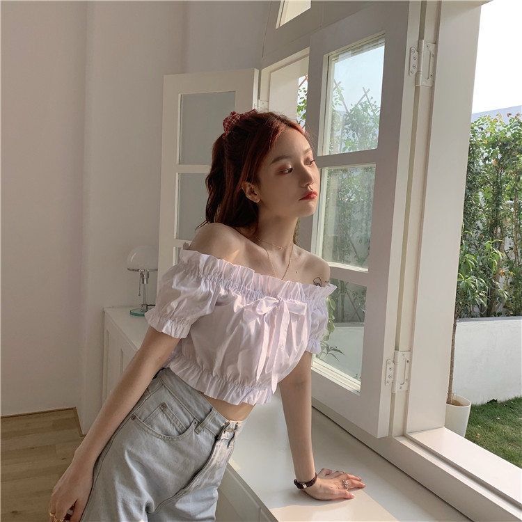 Women's top summer 2021 new French bubble sleeve white shirt women's design sense minority short bow shoulder top