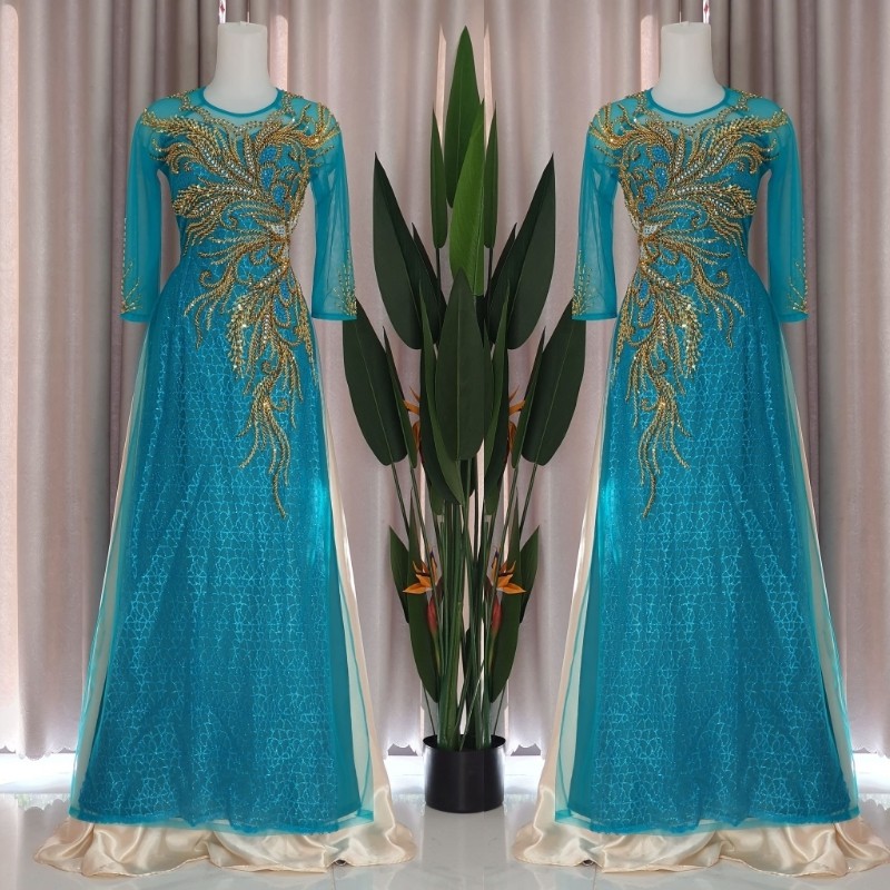 Áo Dài Cho Mẹ Cô Dâu - Áo Dài Sui Màu Xanh Ngọc Kết Kim Sa Sang Trọng ADM012