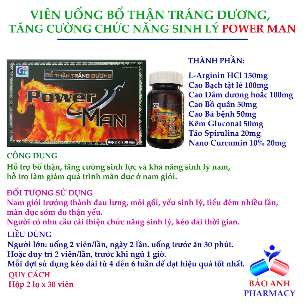 Viên uống tăng cường chức năng sinh lý Bổ thận tráng dương POWER MAN - Hộp 2 lọ x 30 viên
