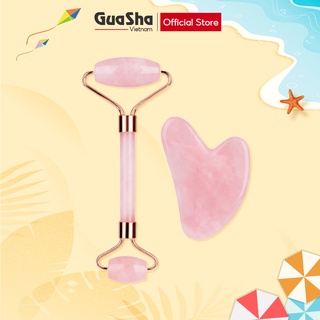 Combo Đá GuaSha và Đá lăn Massage mặt cao cấp màu hồng