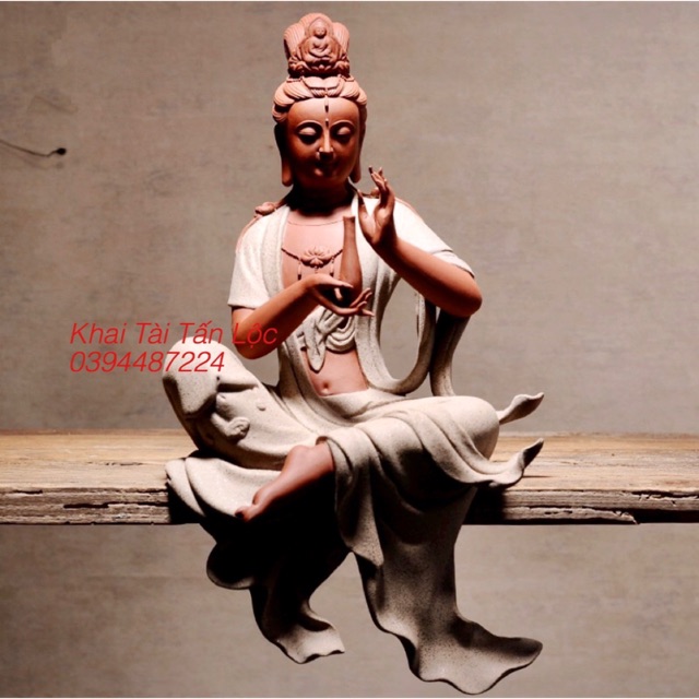 Tượng Quan Âm Thuỷ Nguyệt gốm tử sa cao 33 cm hàng cao cấp