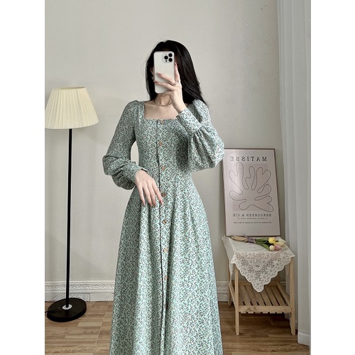 Váy xanh hoa nhí dài tay_D079S1_LYNNA