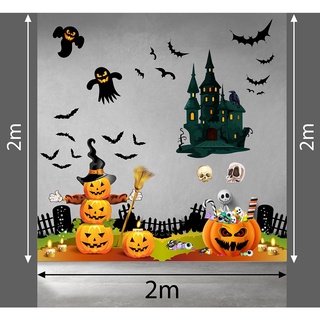Decal trang trí halloween 2021 combo lâu đài và bí ngô