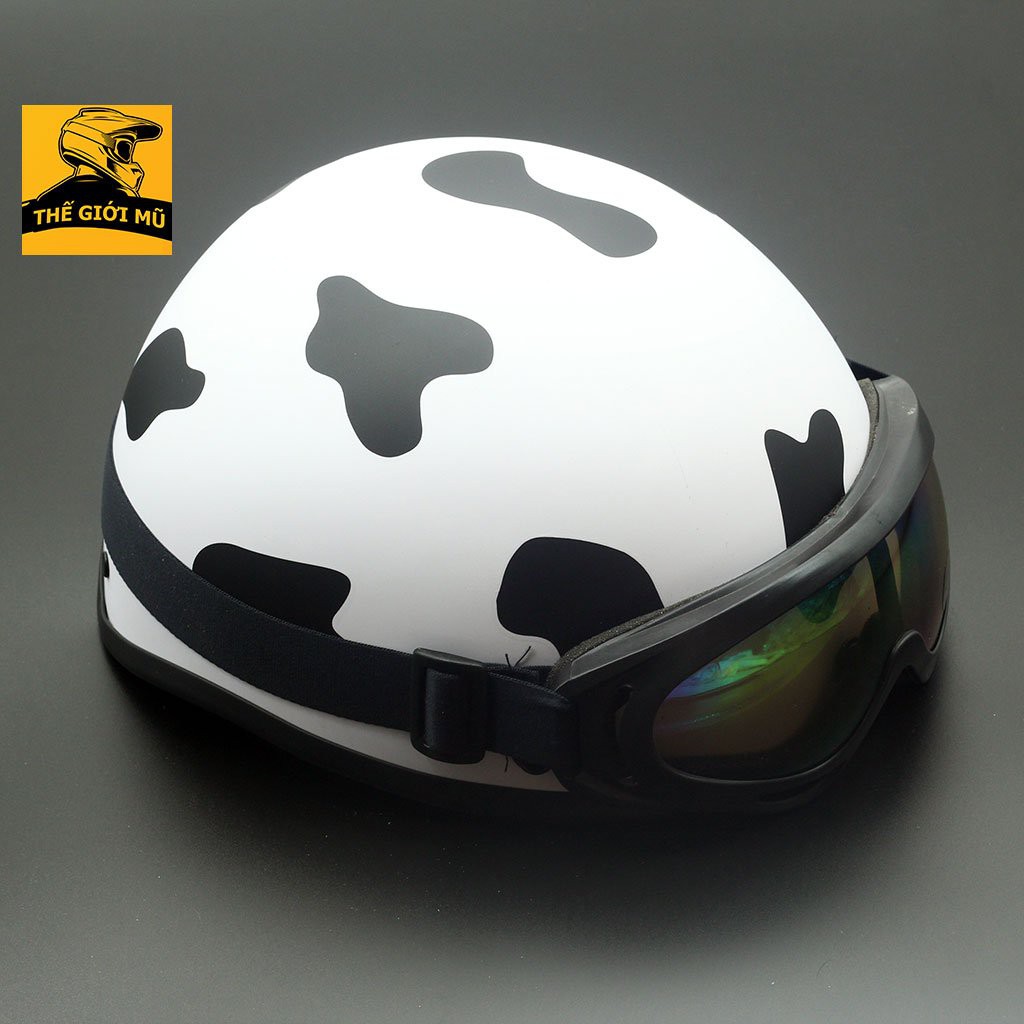 Mũ bảo hiểm bò sữa trắng đen nửa đầu kèm kính xinh xắn, free size nam nữ
