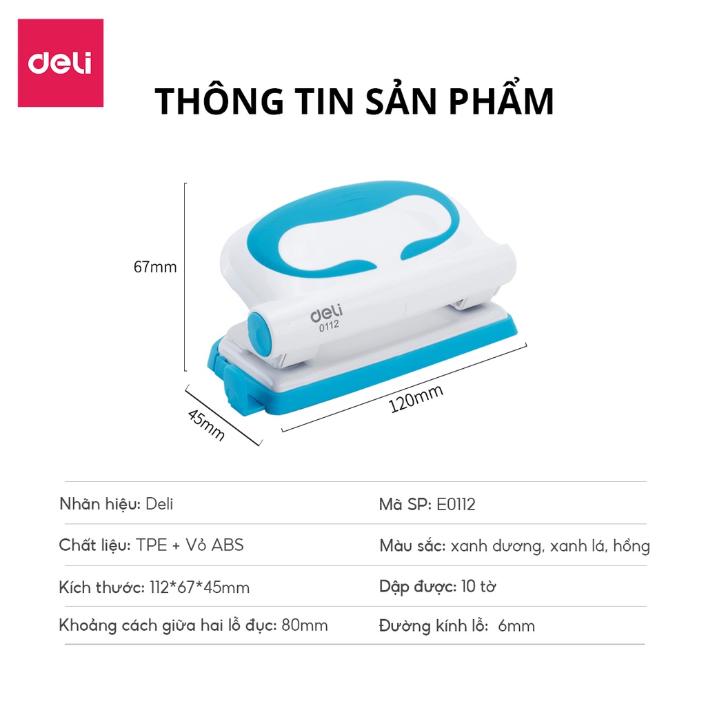 Máy đục lỗ 10 tờ Deli - Màu Xanh dương/Xanh lá/Hồng - 1 cái E0112