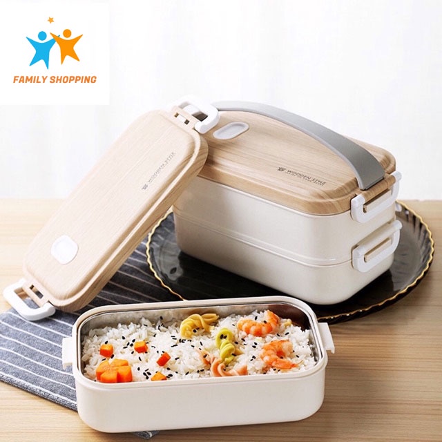 Hộp cơm 2 tầng inox Wooden Style Hộp cơm văn phòng giữ nhiệt tiện dụng, gọn nhẹ, đựng được nhiều thức ăn