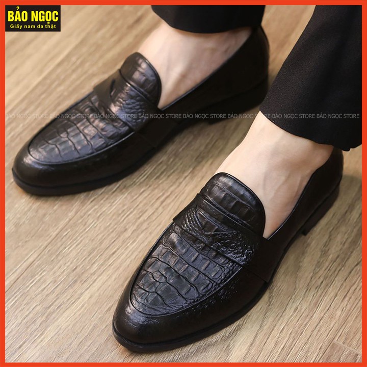 Giày da nam BẢO NGỌC K111 - Giày lười nam da bò dập vân cá sấu băng đục cao cấp - Đế cao su đúc khâu chắc chắn cao 3cm