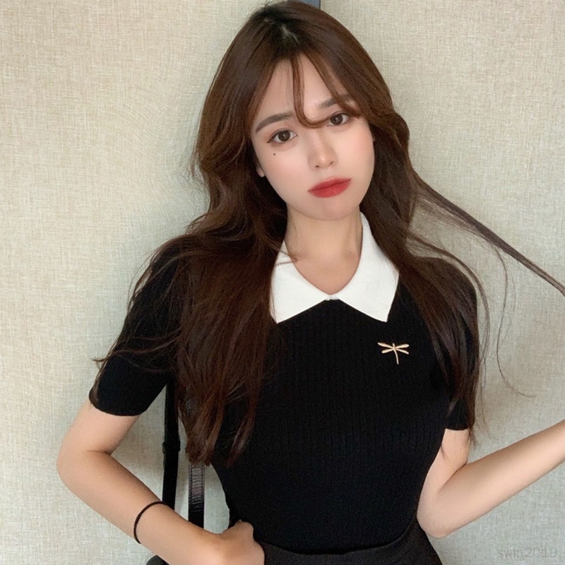 Áo Croptop Dệt Kim Dáng Ôm Thêu Họa Tiết Xinh Xắn Thời Trang Hàn Quốc Cho Nữ